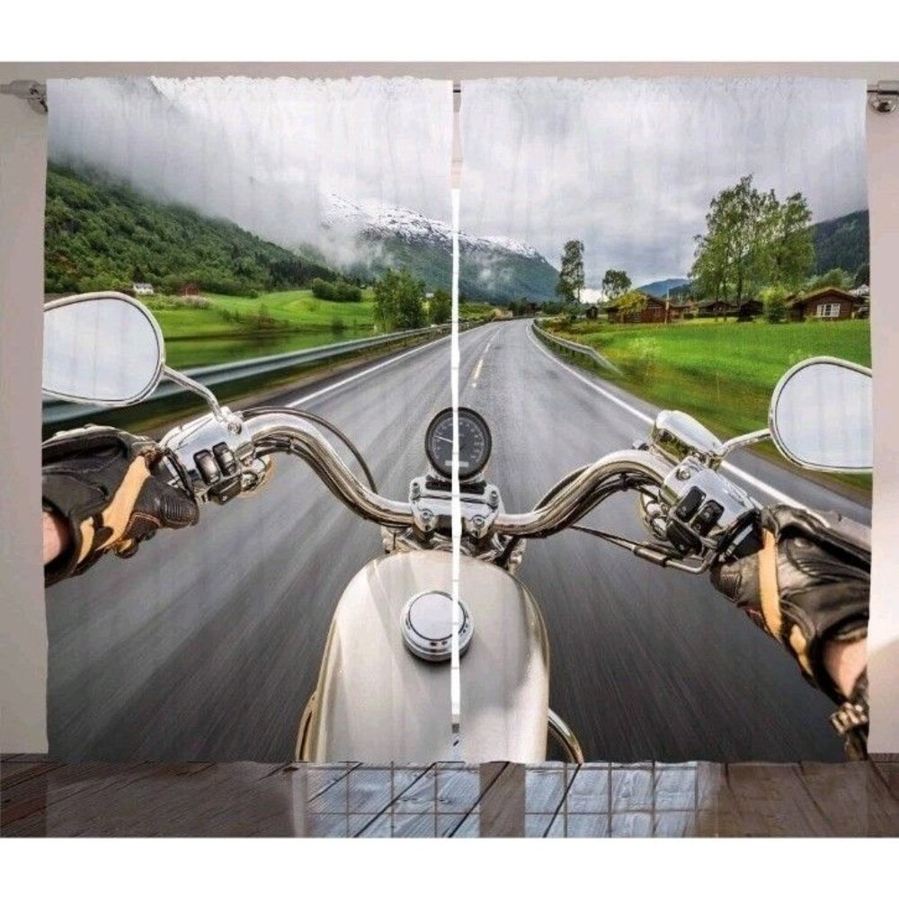 Ambesonne Man Cave Curtains Biker Motorcycle Highway Print Window Panels